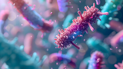 Concept of microscopic microbiome view of bacteria culture in the gut, healthy microorganisms, pathogen and cells macro shot, colorful biology and virology background