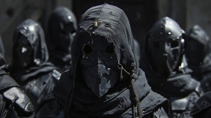 A group of skilled assassins dressed in all black with intricate masks gather in the shadows as they plan their next move to overthrow an oppressive ruler.