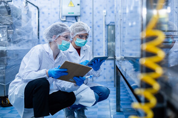 Female worker using tablet checking quality drinking water before process of filling water into plastic bottles to bring out to consumers. Water bottles on production line of factory.