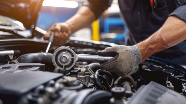 Close-up of a mechanic's hands repairing a car engine, depicting expertise in vehicle maintenance