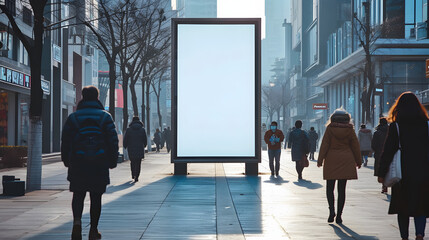 display blank clean screen or signboard mockup for offers or advertisement in public area with people walking