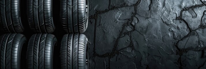 A set of new car tires arranged neatly on a textured black background, highlighting tread patterns and rubber quality
