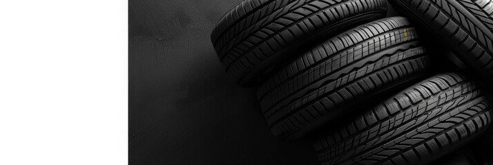 A set of new car tires arranged neatly on a textured black background, highlighting tread patterns and rubber quality