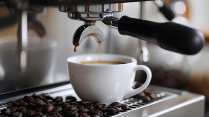 Close-up of an espresso machine brewing a hot, fresh cup of coffee, capturing the perfect morning start