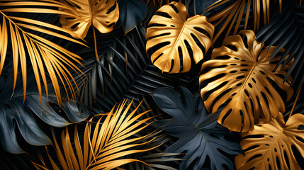 Gold and black tropical palm leaves. Luxury Creative nature background. Minimal summer abstract jungle or forest pattern. wide panoramic wallpaper