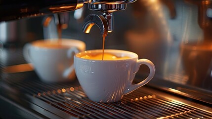 Close-up of an espresso machine brewing a hot, fresh cup of coffee, capturing the perfect morning start