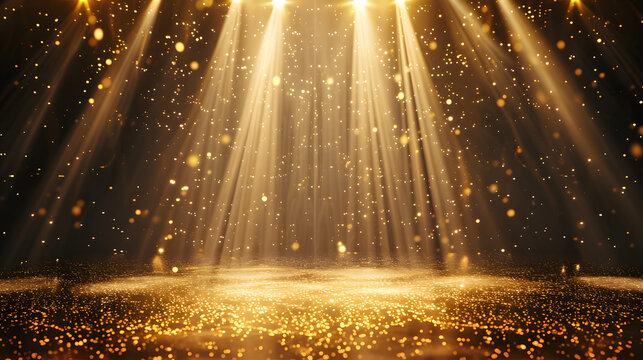 golden pedestal or podium with gold shiny stars background for luxury products. Platform illuminated by spotlights