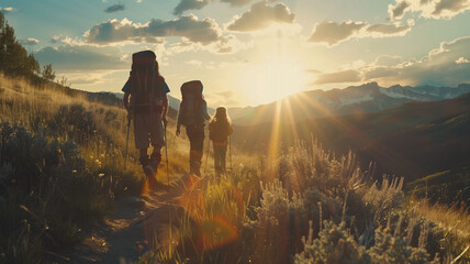 A group of hikers with backpacks trekking along a mountain trail as the sun sets, casting a golden glow over the wild landscape. - obrazy, fototapety, plakaty