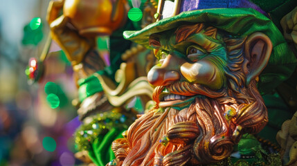 A vibrant parade float featuring a giant leprechaun holding a pot of gold surrounded by a sea of greenclad spectators all in celebration of St. Patricks Day.