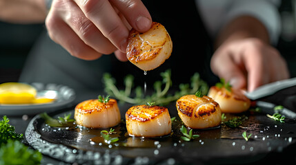 fine dining chef preparing Grilled scallops recipe in creamy butter lemon or Cajun spicy dripping sauce with herbs and garnish as wide banner poster on black background with copy space area