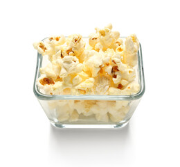 Glass bowl of popcorn on white background. Festa Junina (June Festival) celebration