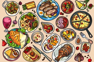 Cartoon cute doodles of a family potluck dinner, with everyone bringing their favorite dishes to share, Generative AI