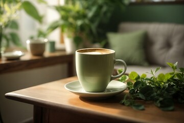 A cozy morning with a cup of  coffee placed on a wooden coffee table, surrounded by small green plants and beige curtains. 