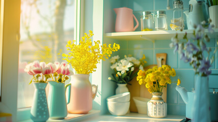 A bright kitchen window space is adorned with a delightful arrangement of pink tulips and yellow blooms, evoking a cheerful springtime ambiance.