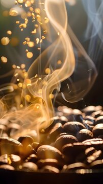 Naklejki Strange golden smoke taking away from coffee seeds