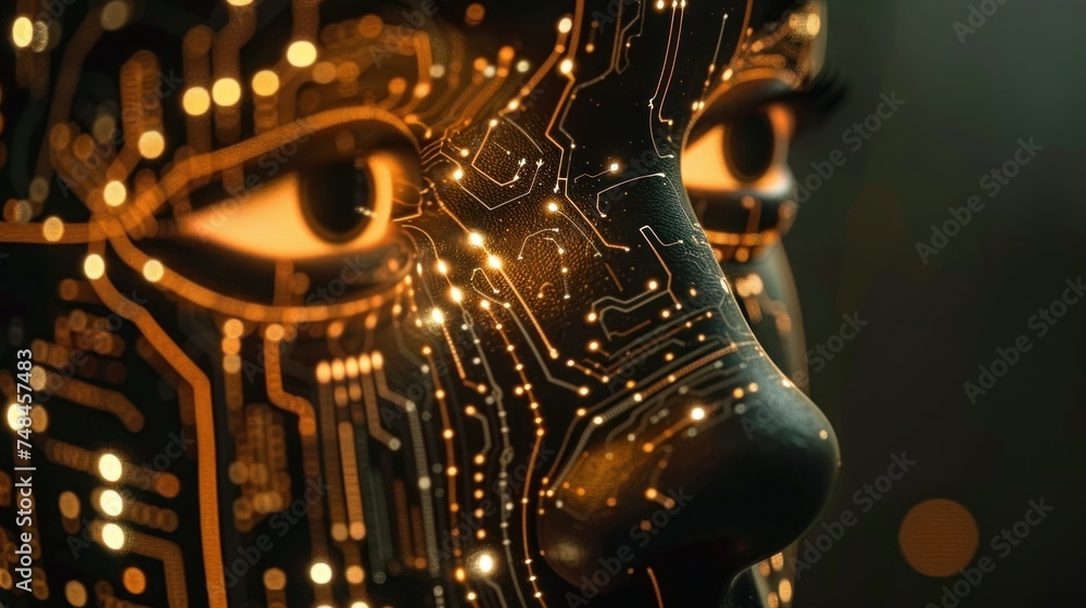 Poster futuristic cyborg face close-up with circuit patterns, a detailed close-up of a cyborg face with glo