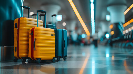 luggage suitcases at the airport wide banner with copy space area for vacations and holiday travel concepts