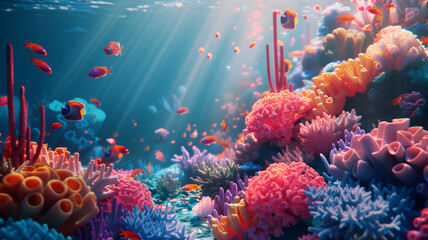 Fototapeta na wymiar A vivid underwater scene teeming with life, showcasing a diversity of colorful corals and tropical fish, illuminated by sunbeams penetrating the ocean's surface