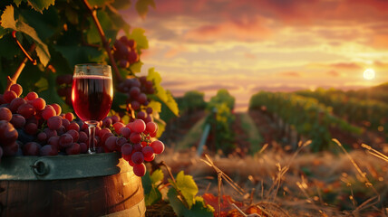 A glass of rich red wine sits elegantly atop a barrel among ripe grape clusters, with the warm glow of the setting sun over a tranquil vineyard backdrop, inviting a taste of the harvest - obrazy, fototapety, plakaty