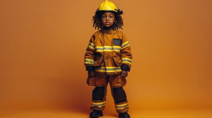 Child in Firefighter Costume Posing Confidently, A young child dressed in a full firefighter uniform stands confidently against an orange background, embodying bravery and aspiration.