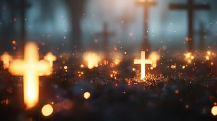 Illuminated Crosses in Mystical Cemetery Scene, A mystical scene of illuminated crosses in a cemetery with an ethereal atmosphere created by sparkling lights and a misty background.