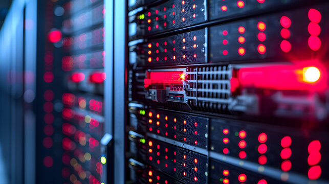 High performance data servers. Glowing cables, high bandwidth. Ultra high performance servers in data center rack, operating at full load