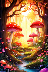 Bright colorful enchanted forest with giant mushrooms