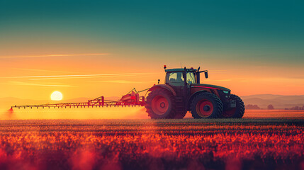 Fototapeta premium irrigation tractor driving spraying or harvesting an agricultural crop at sunset with information infographic data datum as banner design for agriculture industry and food supply production