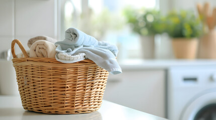 laundry clothes pile in a wicker basket at bathroom or utility counter next to washing machine for washing service and housework schedule as wide banner design with copy space