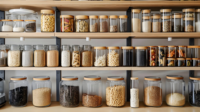 kitchen pantry storage room for home supplies organized with food containers and glass jars on shelves racked cabinets