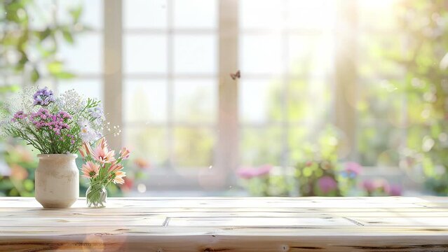 desk of free space for your decoration and blurred garden view in background. seamless looping overlay 4k virtual video animation background