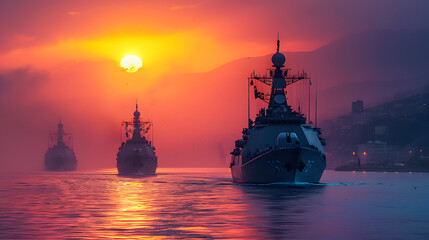 Military navy ships in a sea bay at sunset