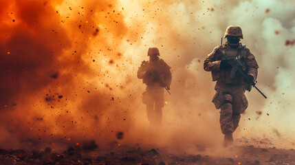military special forces soldiers crosses destroyed warzone through fire and smoke in the desert, wide poster design with copy space area