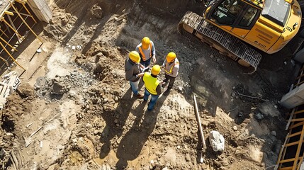 Aerial Drone Shot Of Construction Site With Excavators On Sunny Day: Diverse Team of Real Estate Developers Discussing Project. Civil Engineer, Architect, Inspector Talking And Using Tablet Computer. 