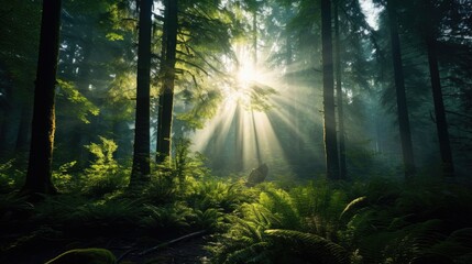 Obraz premium Sunrays in dark forest. Sun rays in woods. Sunbeam light