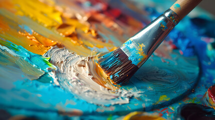 Fototapeta premium Mixing colors. Paint brush and oil paint or acrylic paint, on a pallette. Blue paint with depth of field. Creative concept