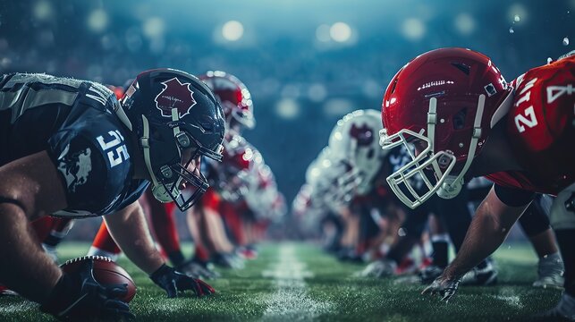 American Football Championship. Teams Ready: Professional Players, Aggressive Face-off, Ready for Pushing, Tackling. Competition Full of Brutal Energy, Power.