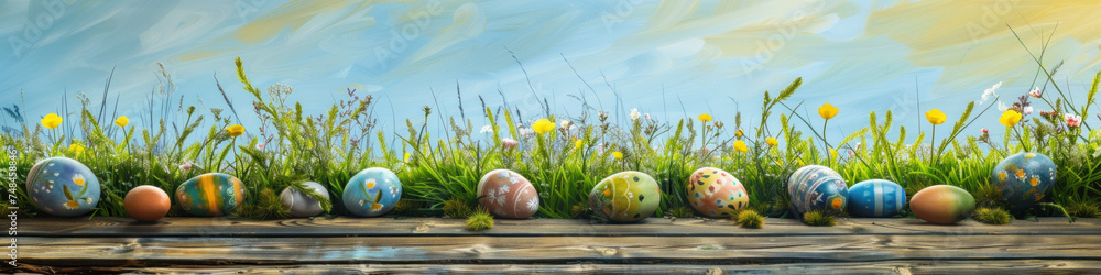 Aufkleber a wooden product display top with an easter background of painted eggs and green grass and meadows.