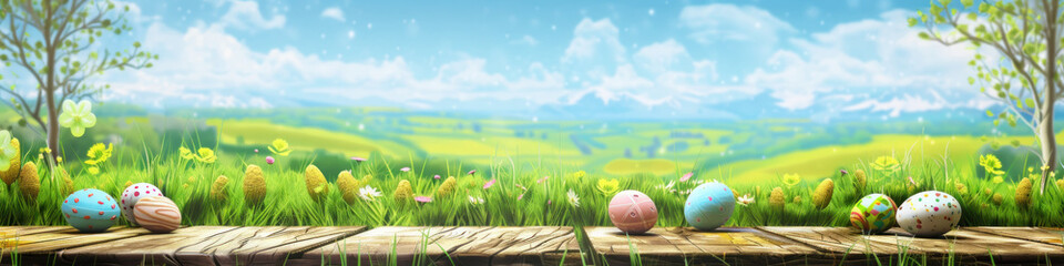 Fototapeta na wymiar A wooden product display top with an Easter background of painted eggs and green grass and meadows.