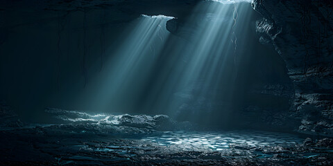   Horror Cave with sunlight beams deep and rocks in bottom and dark background and wallpaper  