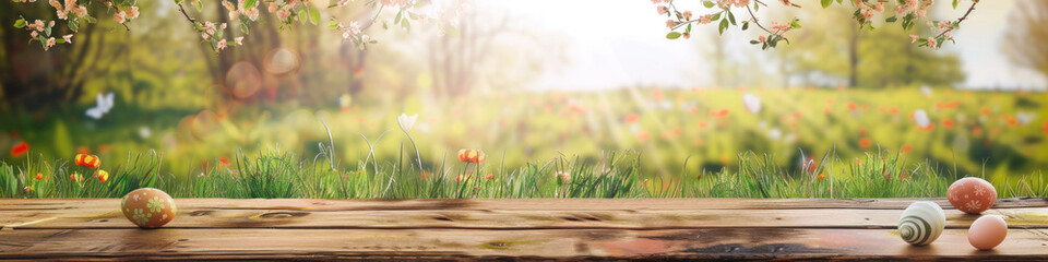 A wooden product display top with an Easter background of painted eggs and green grass and meadows.