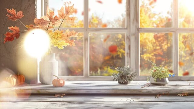 fall wooden window sill and free space. seamless looping overlay 4k virtual video animation background