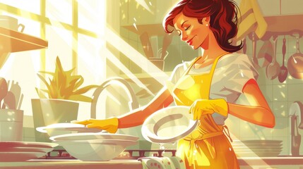 a happy woman is washing plates with yellow gloves and apron on her