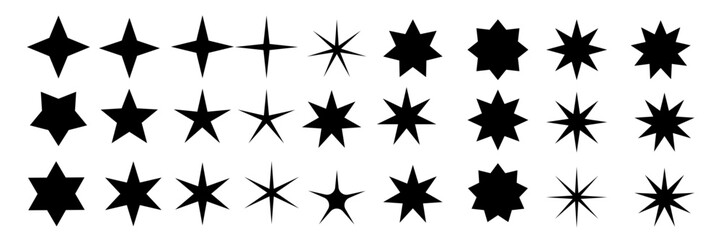 Set of shape star sparkling and twinkling cartoon set. Black glittering starlight particles. Vector illustration isolated on a white background.