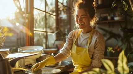 a happy woman is washing plates with yellow gloves and apron on her