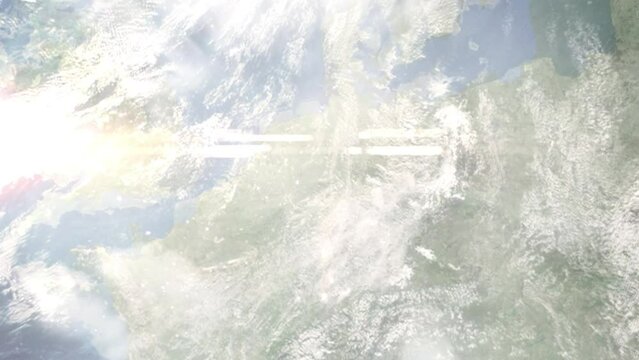 Earth zoom in from space and focus on Soest, Germany. 3D Animation. Satellite view. Background for travel intro. Images from NASA