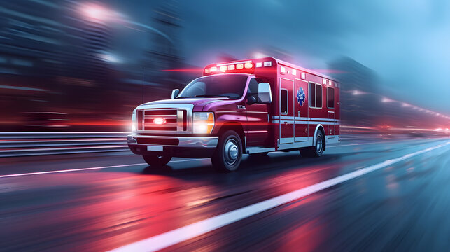 quick response medical ambulance vehicle or truck speeding on the way for accident or health care emergency services concepts as wide banner with infographic information