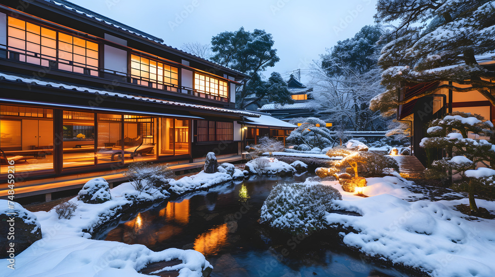 Wall mural Onsen ryokan or a traditional classic modern Japanese house with Japanese garden in wintertime. Wide format