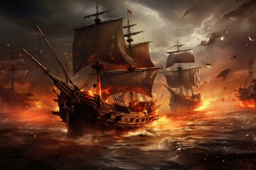 Fototapeta premium Fierce Pirate ships battle. Sail war fog. Generate Ai