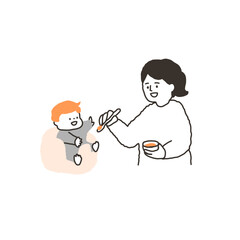 離乳食を食べる赤ちゃんと食べさせるお母さん